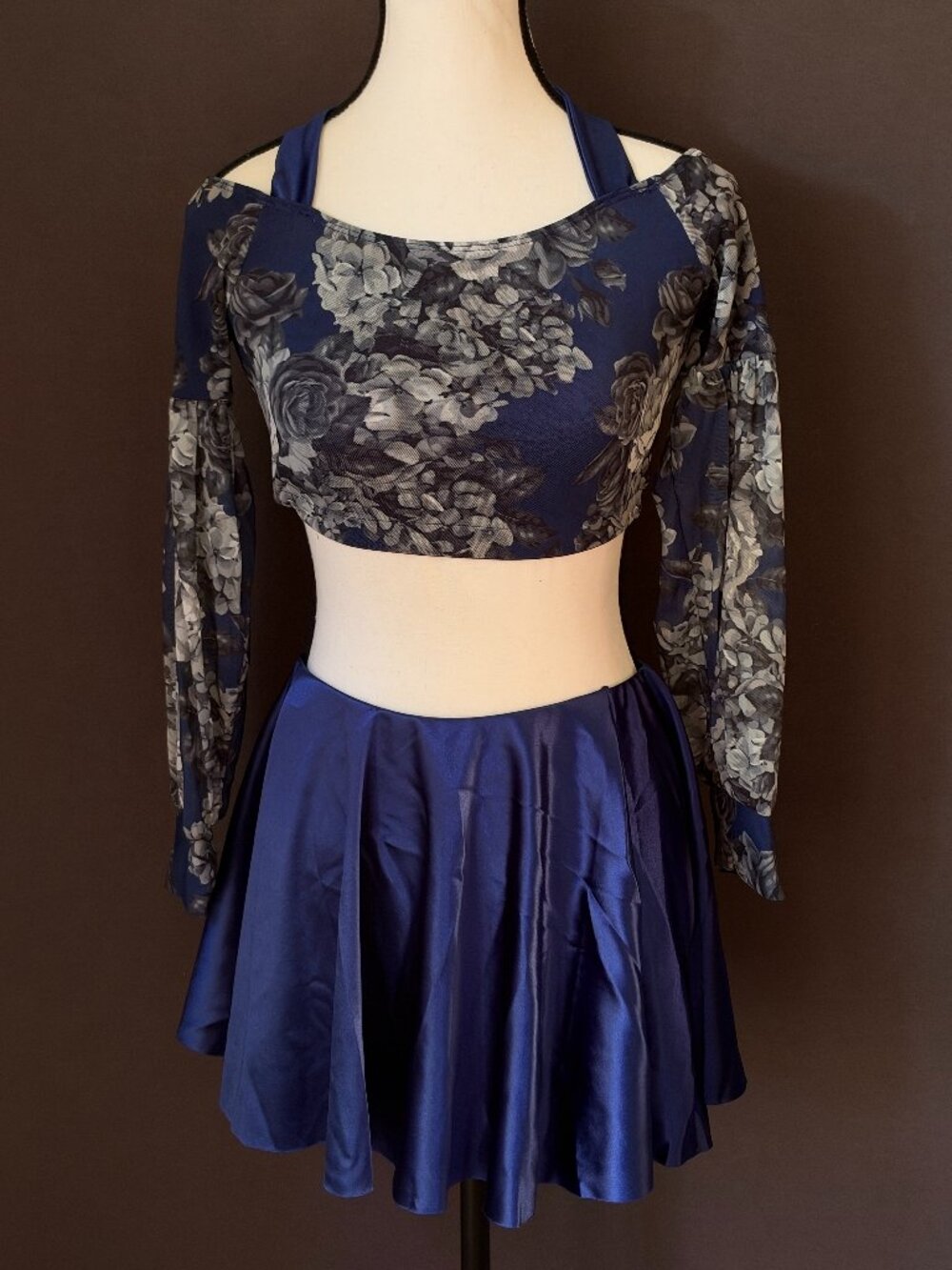Tenth House Compass Rose Navy Floral Mesh Crop Top Satin Skirt Dance Costume LC